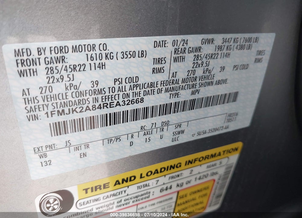 2024 FORD EXPEDITION LIMITED MAX VIN: 1FMJK2A84REA32668