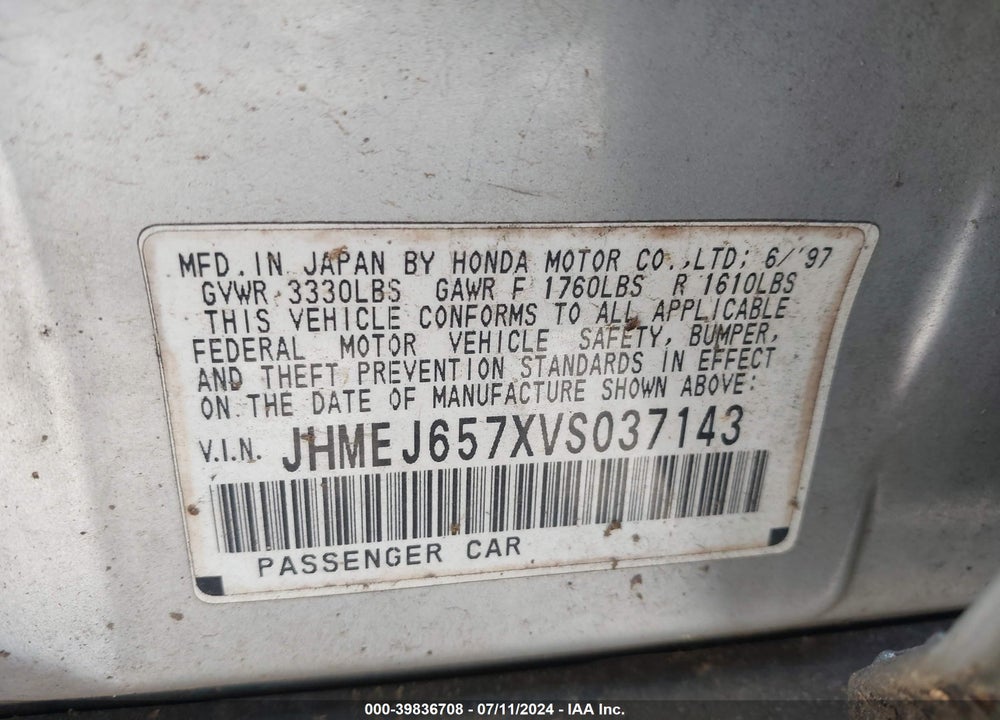 1997 HONDA CIVIC LX VIN: JHMEJ657XVS037143