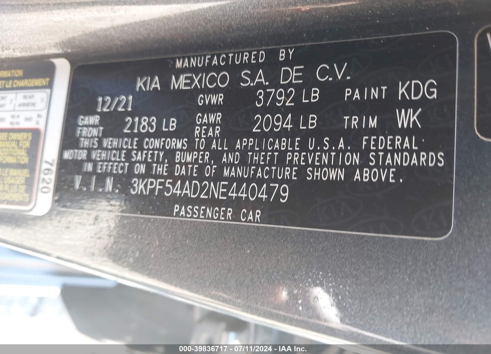 2022 KIA FORTE GT LINE VIN: 3KPF54AD2NE440479