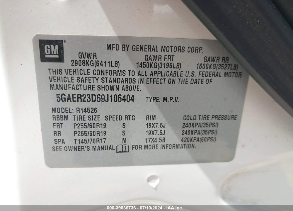 2009 BUICK ENCLAVE CXL VIN: 5GAER23D69J106404