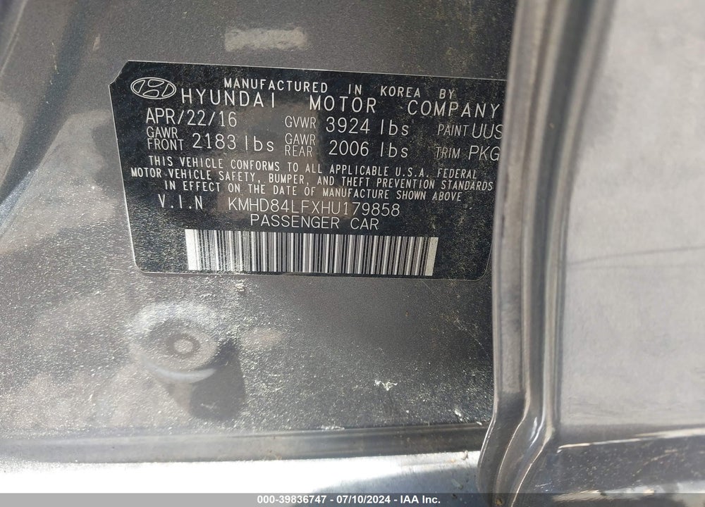 2017 HYUNDAI ELANTRA SE VIN: KMHD84LFXHU179858