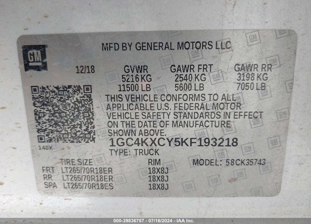 2019 CHEVROLET SILVERADO 3500HD LTZ VIN: 1GC4KXCY5KF193218