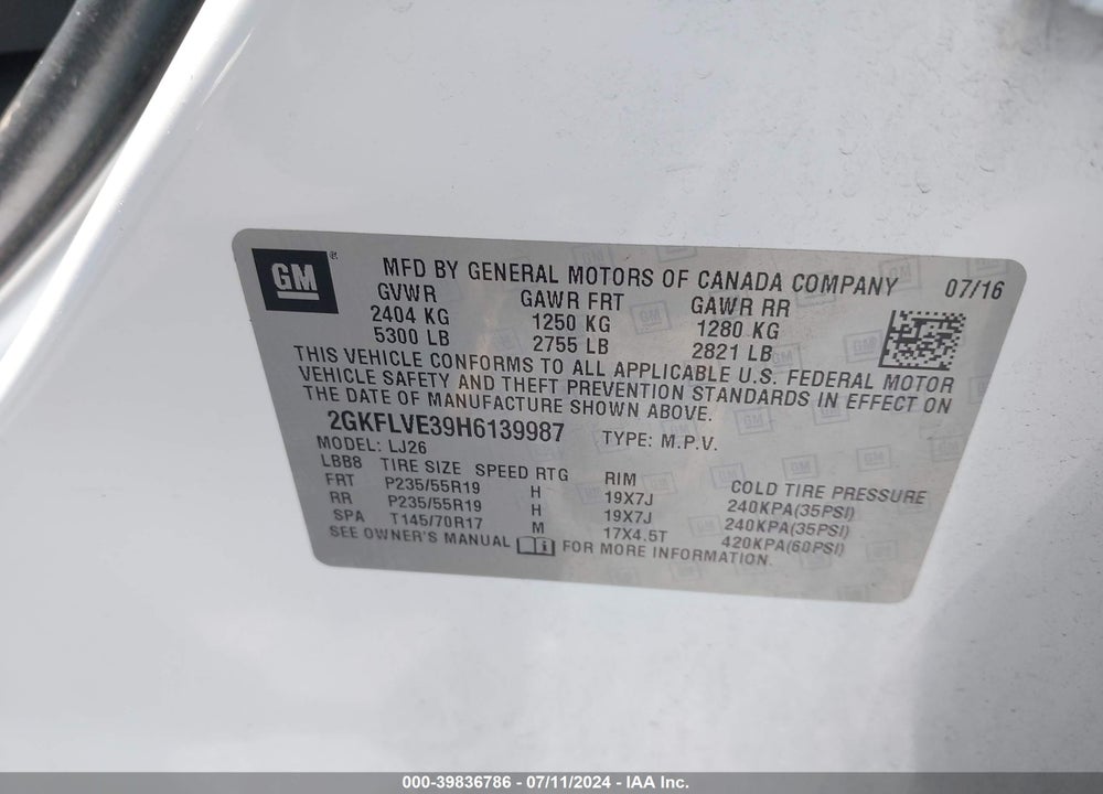 2017 GMC TERRAIN DENALI VIN: 2GKFLVE39H6139987