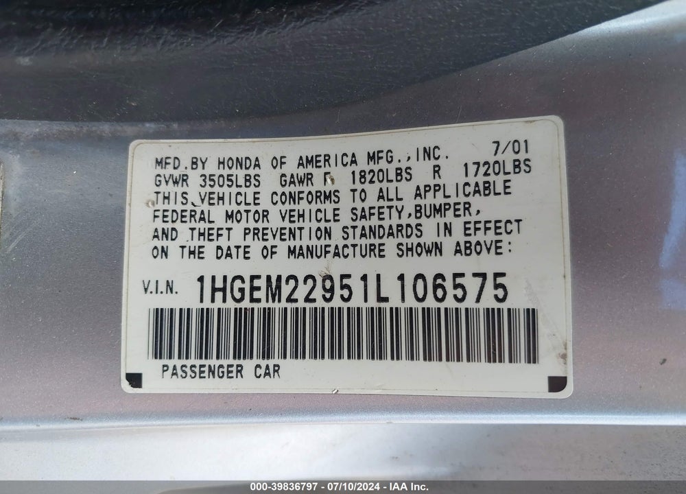 2001 HONDA CIVIC EX VIN: 1HGEM22951L106575
