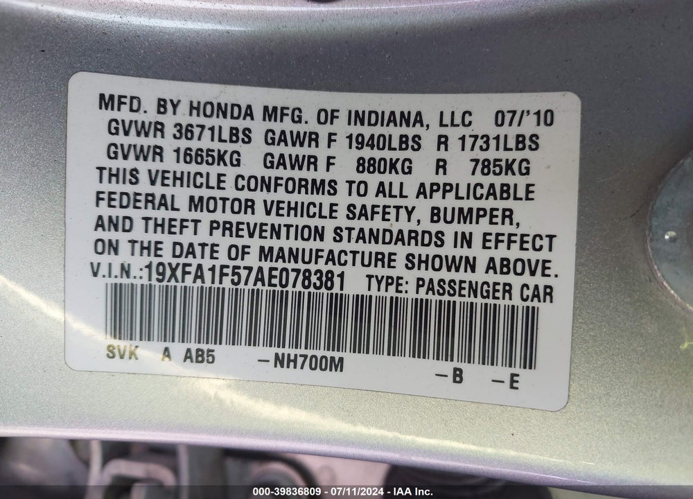 2010 HONDA CIVIC LX VIN: 19XFA1F57AE078381