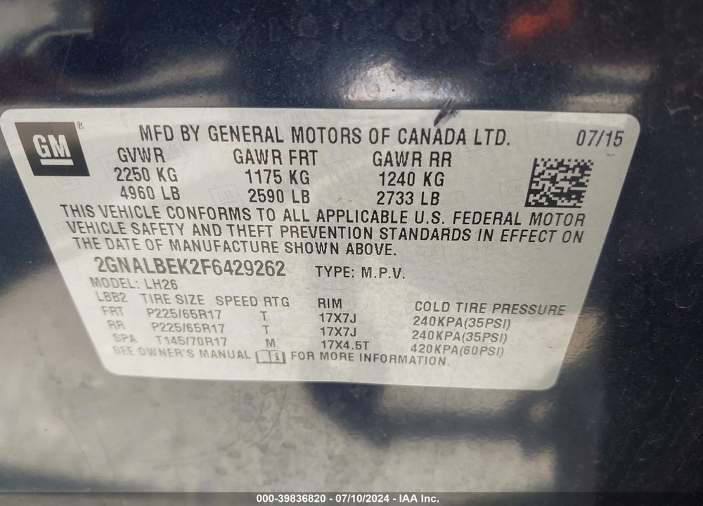 2015 CHEVROLET EQUINOX 1LT VIN: 2GNALBEK2F6429262