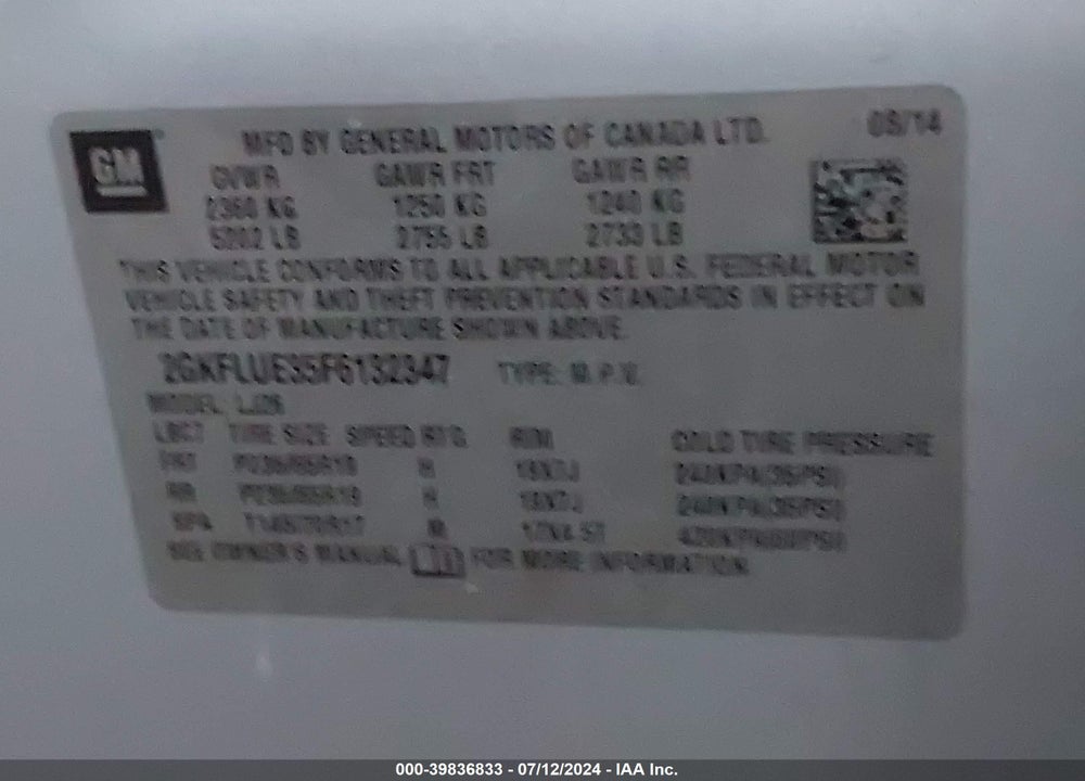 2015 GMC TERRAIN DENALI VIN: 2GKFLUE35F6132347