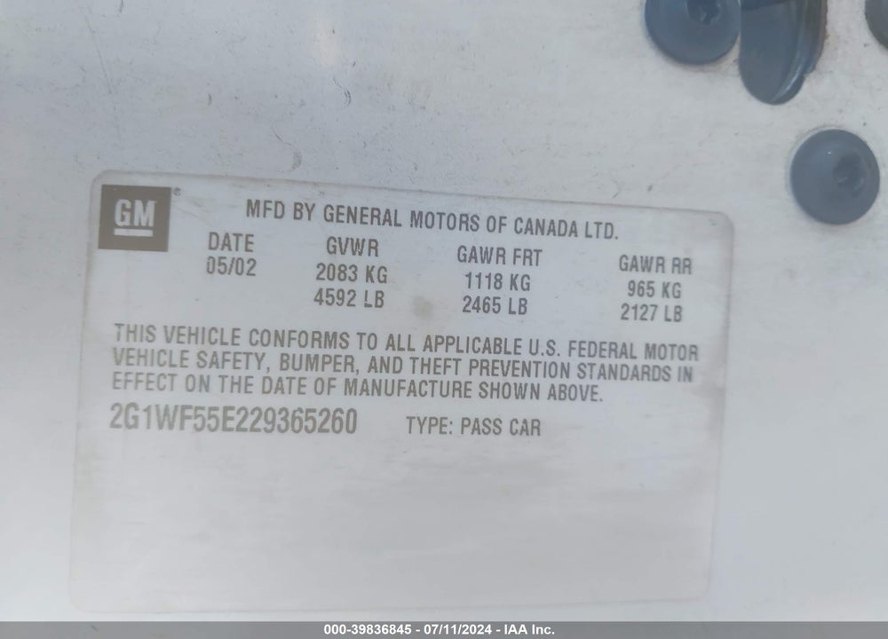 2002 CHEVROLET IMPALA VIN: 2G1WF55E229365260