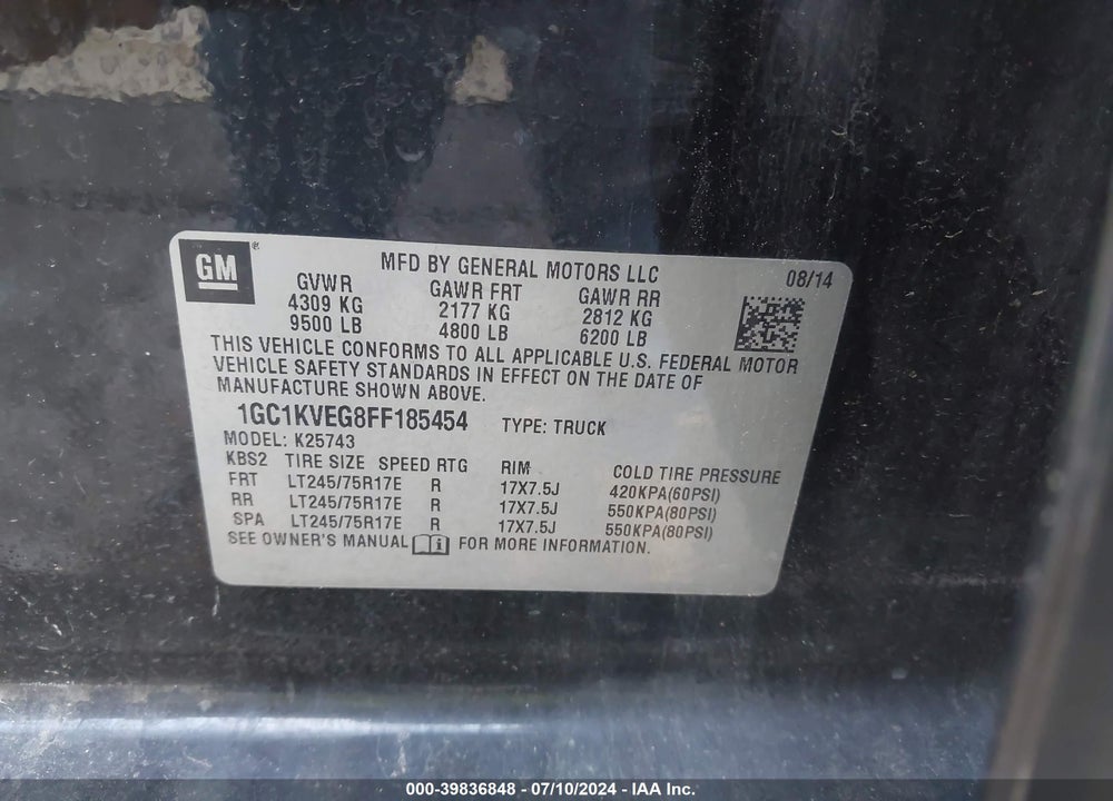 2015 CHEVROLET SILVERADO 2500HD LT VIN: 1GC1KVEG8FF185454