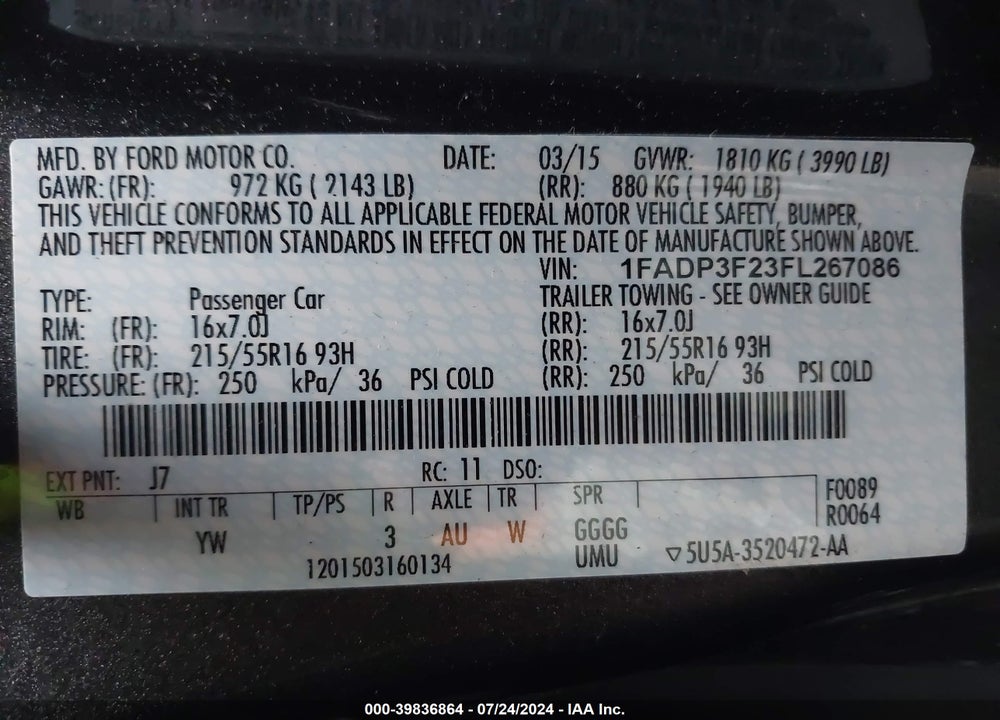 2015 FORD FOCUS SE VIN: 1FADP3F23FL267086