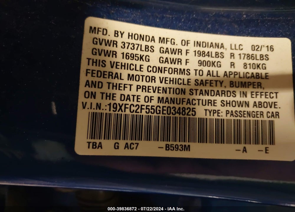 2016 HONDA CIVIC LX VIN: 19XFC2F55GE034825