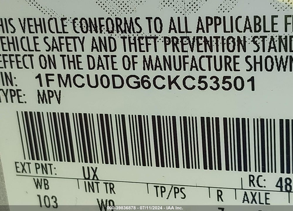 2012 FORD ESCAPE XLT VIN: 1FMCU0DG6CKC53501