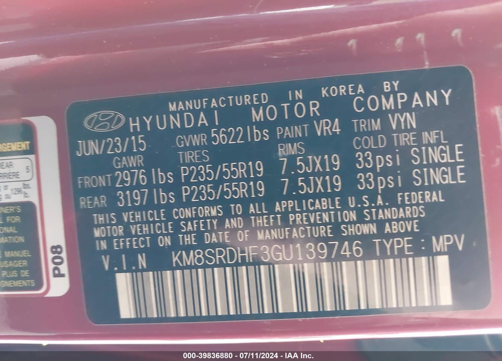 2016 HYUNDAI SANTA FE SE VIN: KM8SRDHF3GU139746