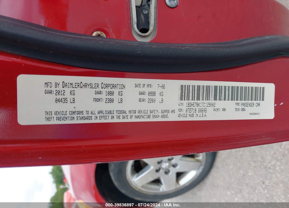 2007 DODGE CALIBER R/T VIN: 1B3HE78K17D129002