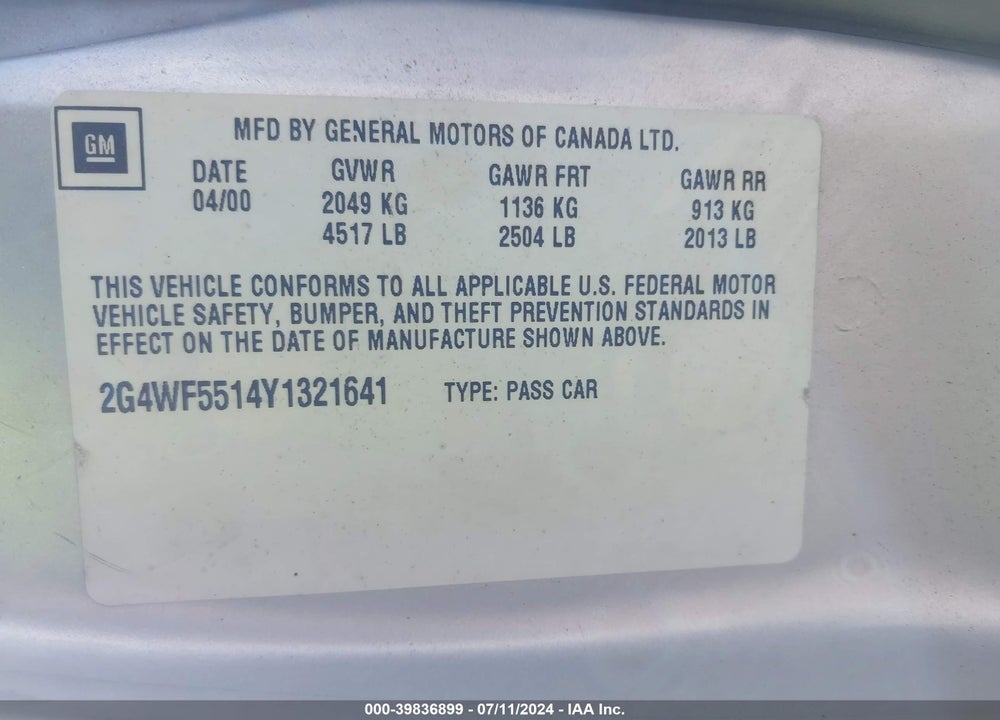 2000 BUICK REGAL GS VIN: 2G4WF5514Y1321641