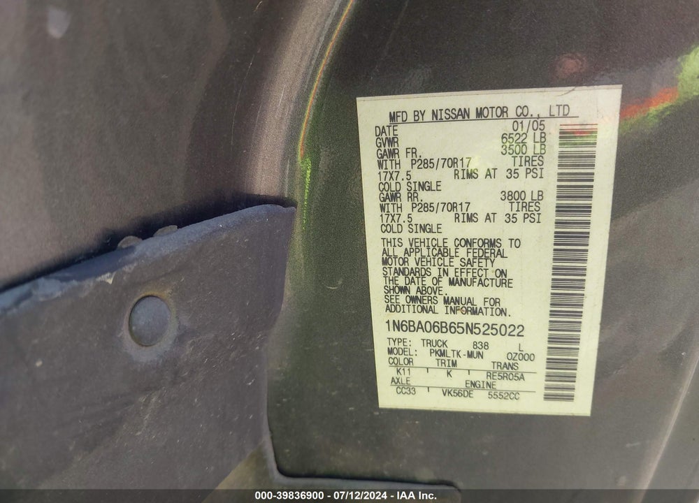 2005 NISSAN TITAN VIN: 1N6BA06B65N525022
