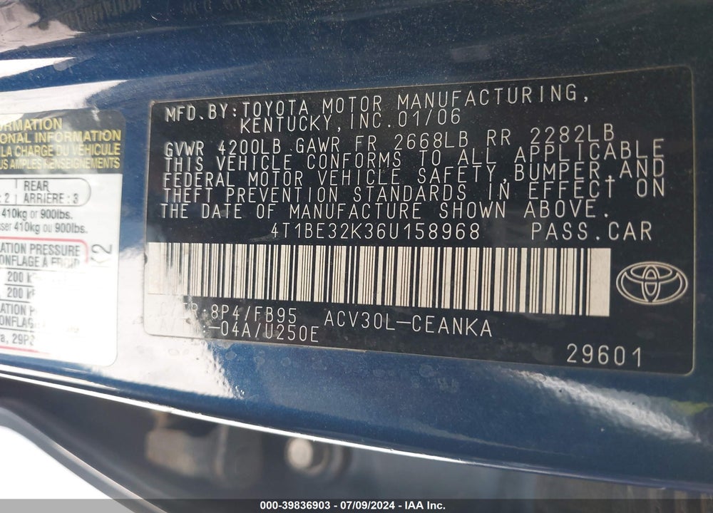 2006 TOYOTA CAMRY LE VIN: 4T1BE32K36U158968