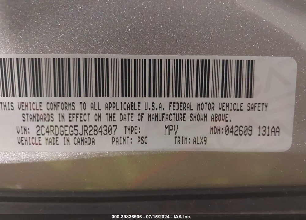 2018 DODGE GRAND CARAVAN GT VIN: 2C4RDGEG5JR284307