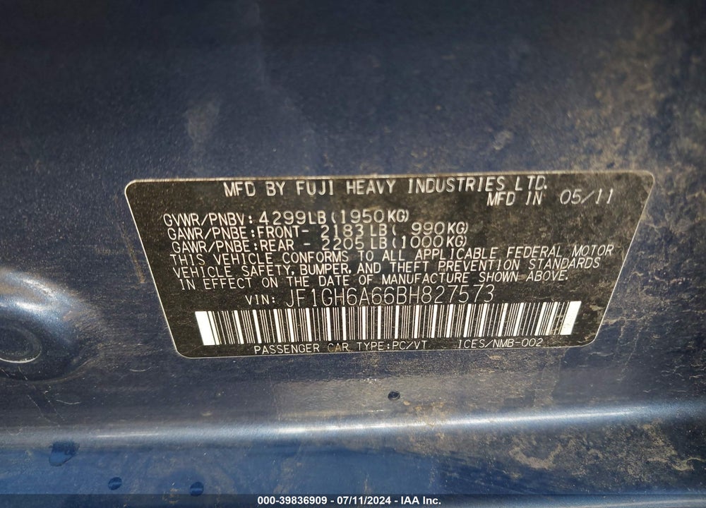 2011 SUBARU IMPREZA 2.5I VIN: JF1GH6A66BH827573