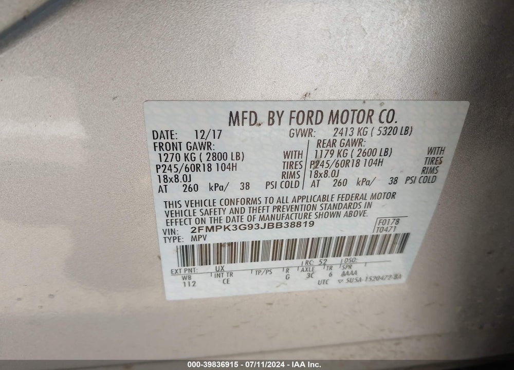 2018 FORD EDGE SE VIN: 2FMPK3G93JBB38819