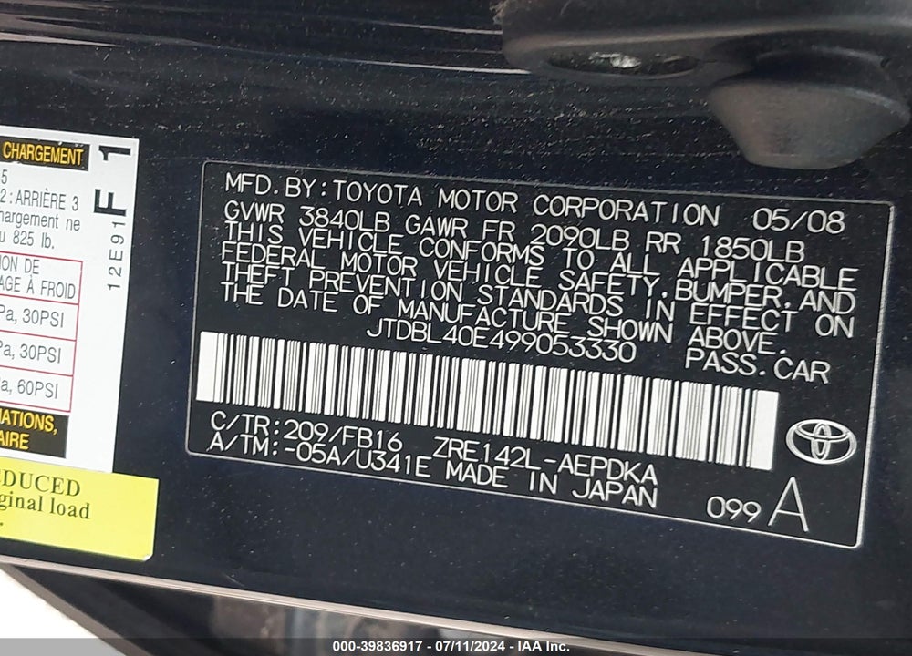 2009 TOYOTA COROLLA LE VIN: JTDBL40E499053330