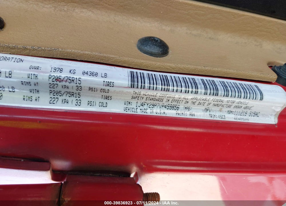 1997 JEEP WRANGLER SE VIN: 1J4FY29P7VP459856