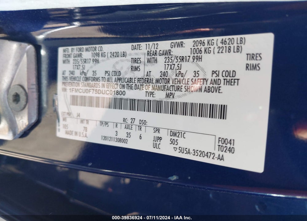 2013 FORD ESCAPE S VIN: 1FMCU0F75DUC01800