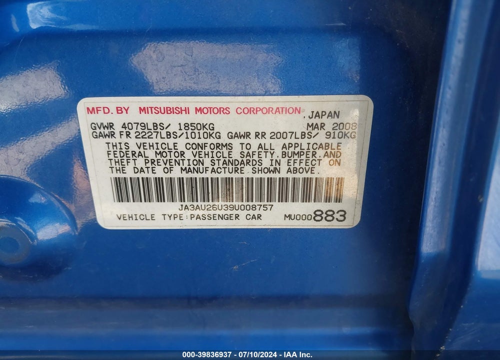 2009 MITSUBISHI LANCER ES/ES SPORT VIN: JA3AU26U39U008757