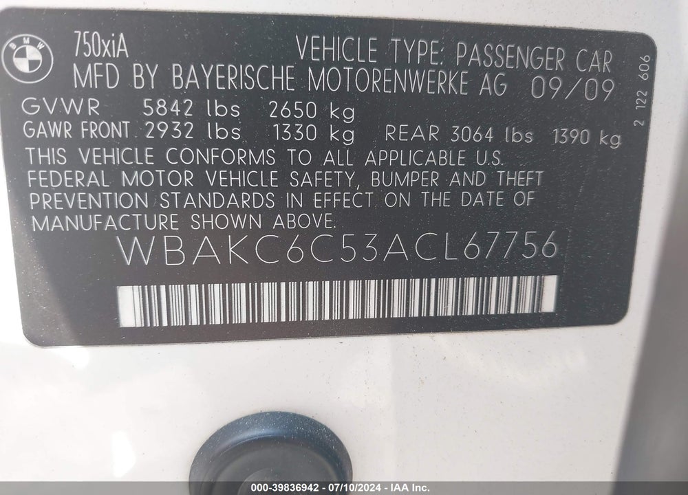 2010 BMW 750I XDRIVE VIN: WBAKC6C53ACL67756