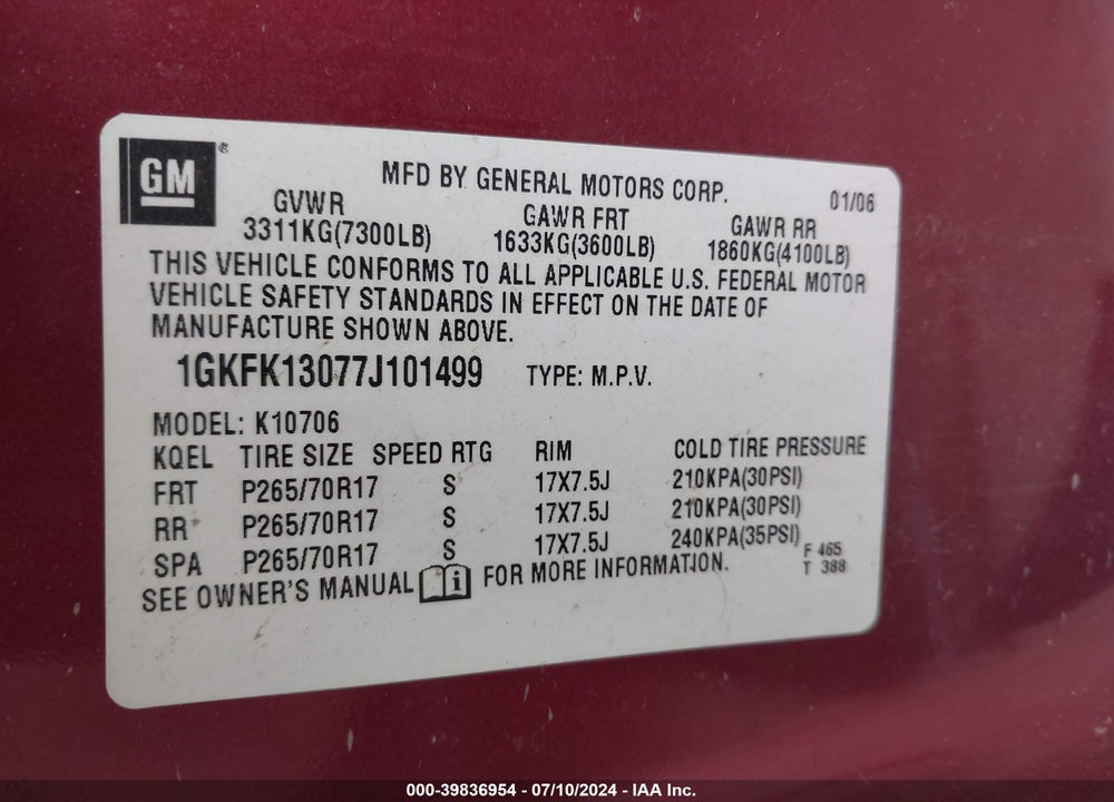 2007 GMC YUKON SLE VIN: 1GKFK13077J101499