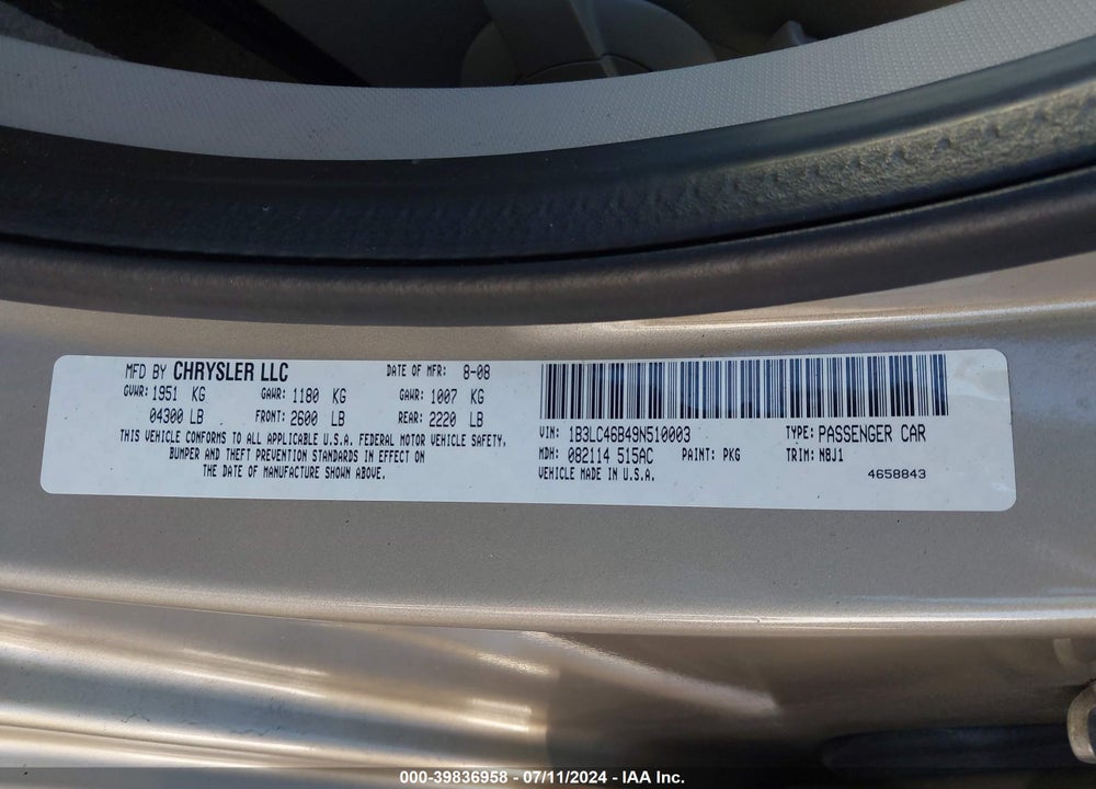 2009 DODGE AVENGER SE/SXT VIN: 1B3LC46B49N510003