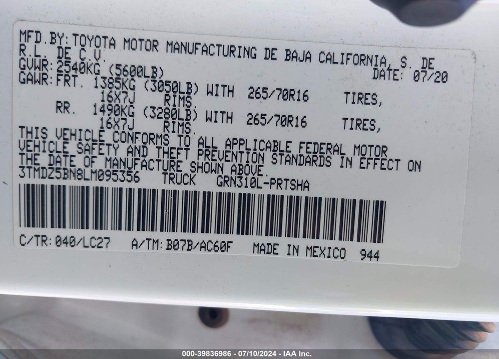 2020 TOYOTA TACOMA TRD OFF ROAD VIN: 3TMDZ5BN8LM095356