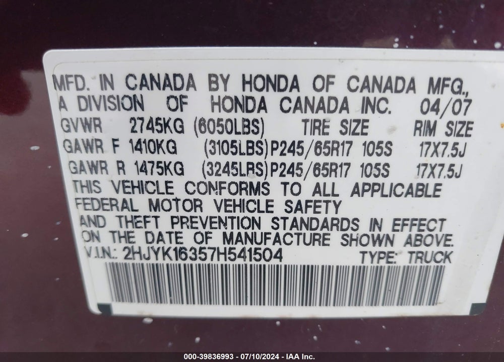 2007 HONDA RIDGELINE RTX VIN: 2HJYK16357H541504