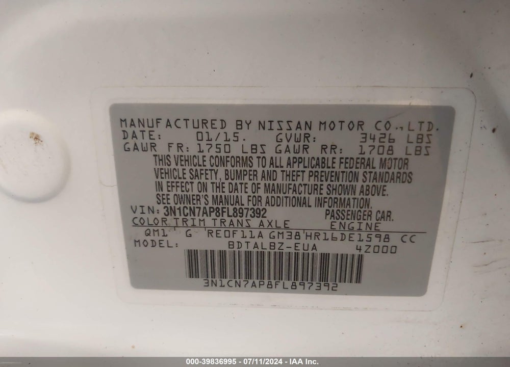 2015 NISSAN VERSA 1.6 SV VIN: 3N1CN7AP8FL897392