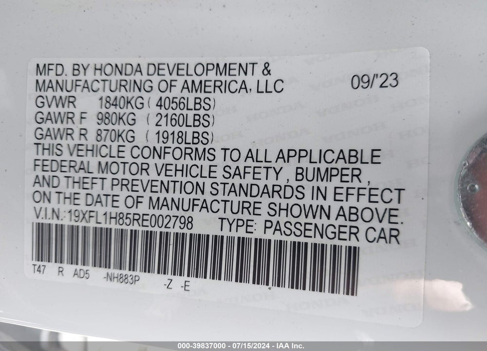 2024 HONDA CIVIC SPORT TOURING VIN: 19XFL1H85RE002798