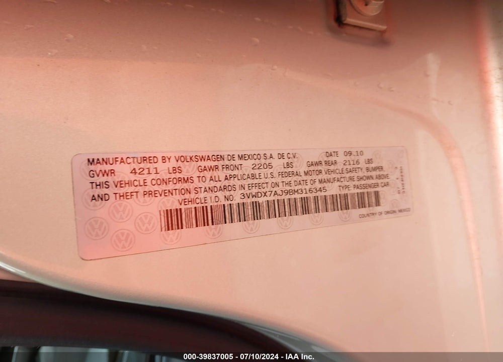 2011 VOLKSWAGEN JETTA VIN: 3VWDX7AJ9BM316345