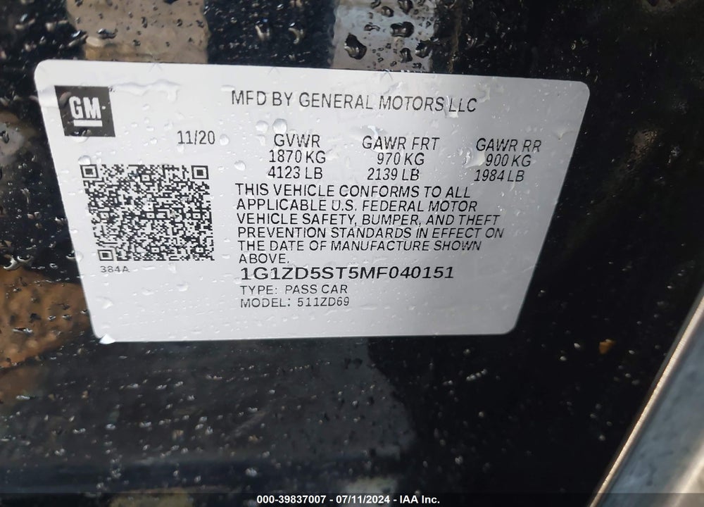2021 CHEVROLET MALIBU FWD LT VIN: 1G1ZD5ST5MF040151
