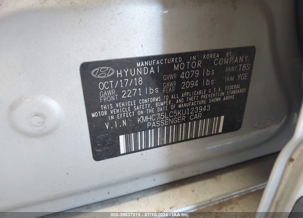 2019 HYUNDAI IONIQ HYBRID SEL VIN: KMHC75LC5KU123943