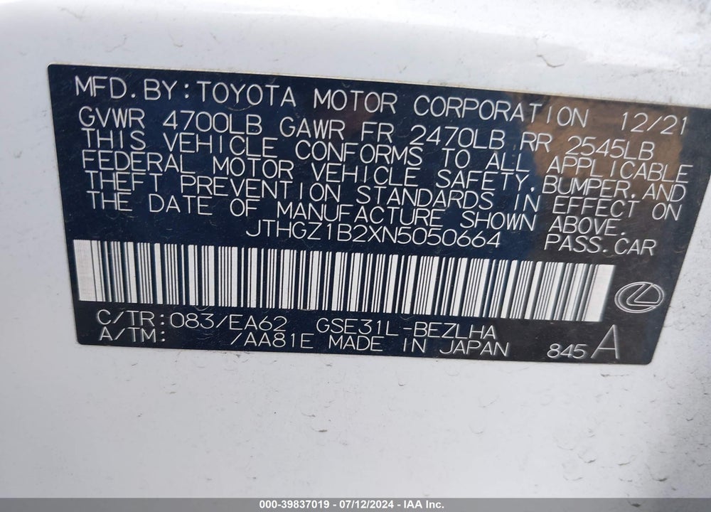 2022 LEXUS IS 350 F-SPORT VIN: JTHGZ1B2XN5050664