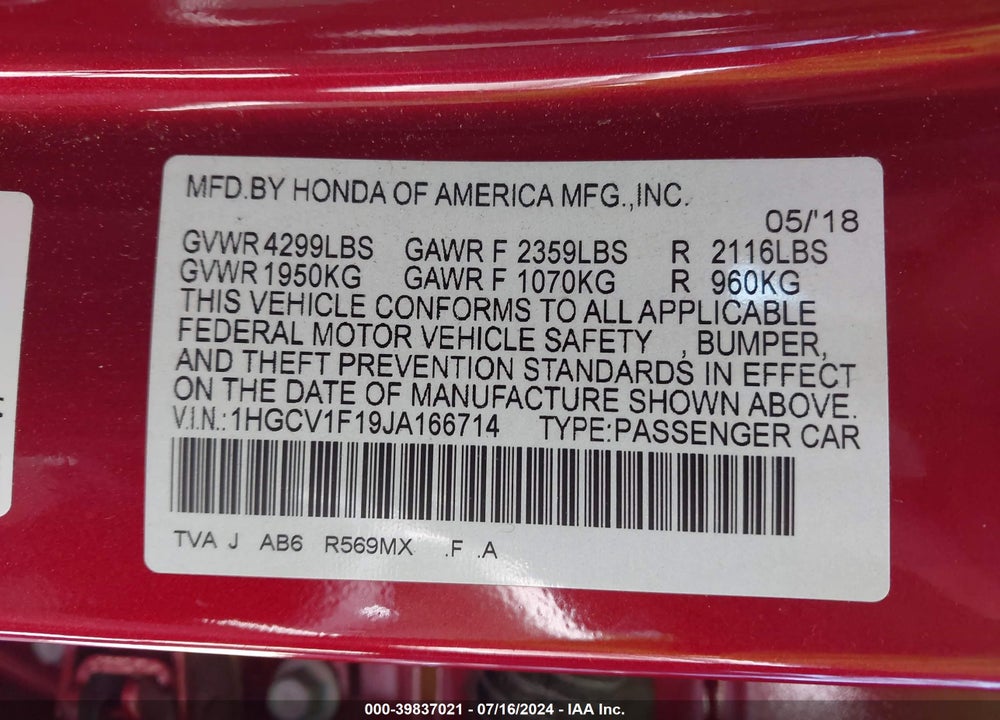 2018 HONDA ACCORD LX VIN: 1HGCV1F19JA166714