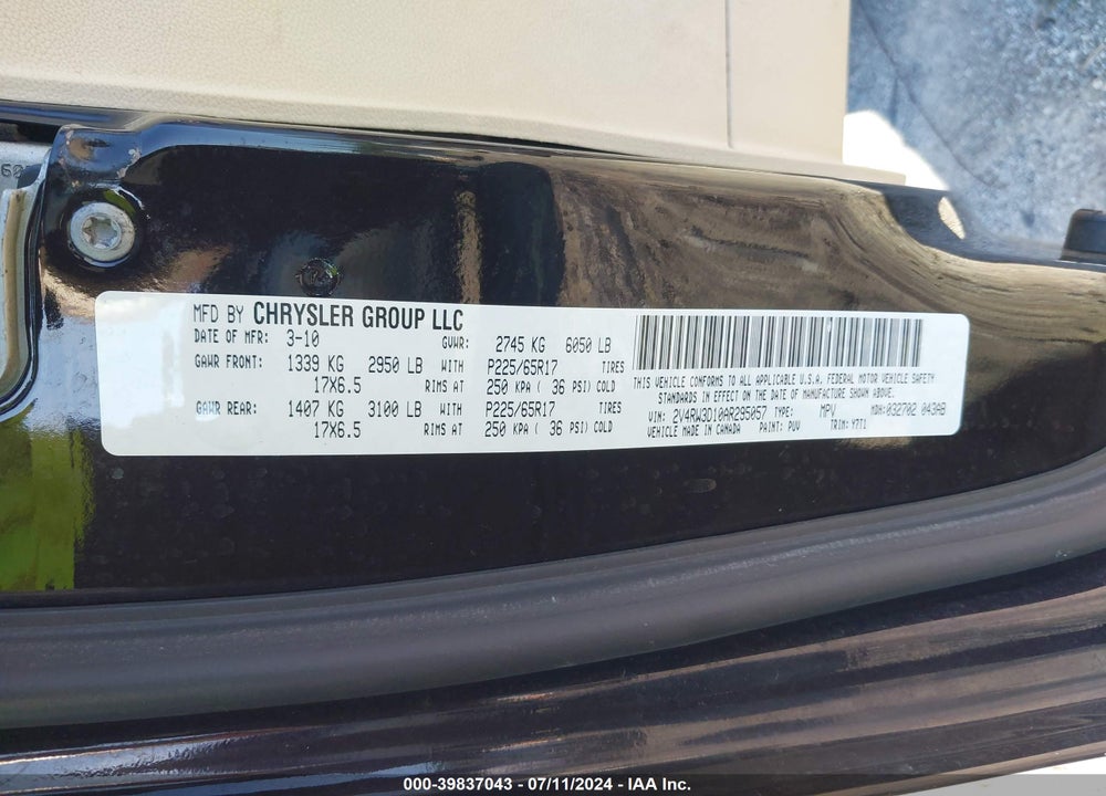 2010 VOLKSWAGEN ROUTAN SE VIN: 2V4RW3D10AR295057