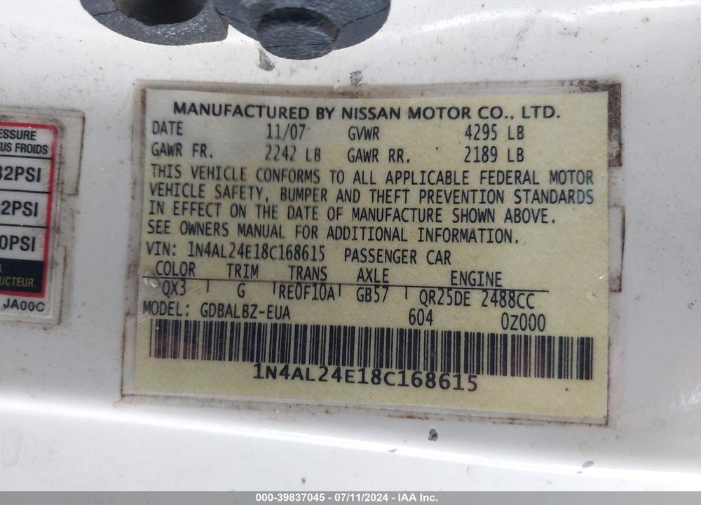 2008 NISSAN ALTIMA 2.5 S VIN: 1N4AL24E18C168615