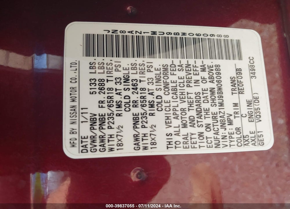 2011 NISSAN MURANO SL VIN: JN8AZ1MU9BW060988