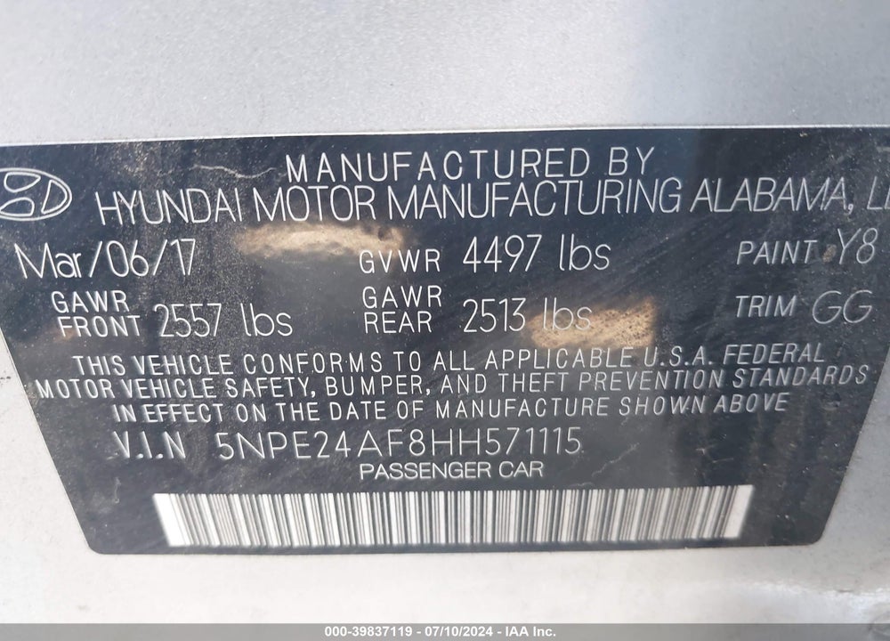 2017 HYUNDAI SONATA SE VIN: 5NPE24AF8HH571115
