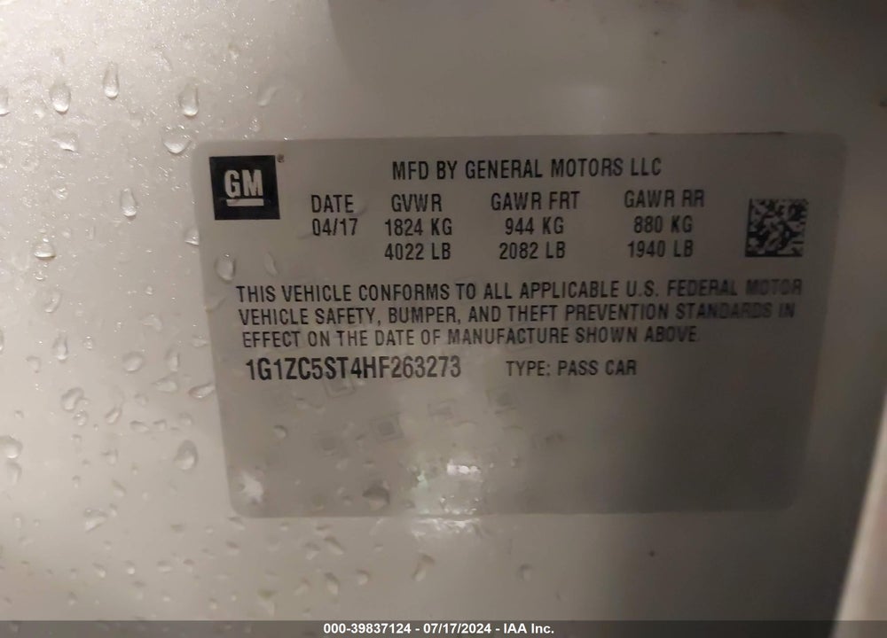 2017 CHEVROLET MALIBU 1FL VIN: 1G1ZC5ST4HF263273
