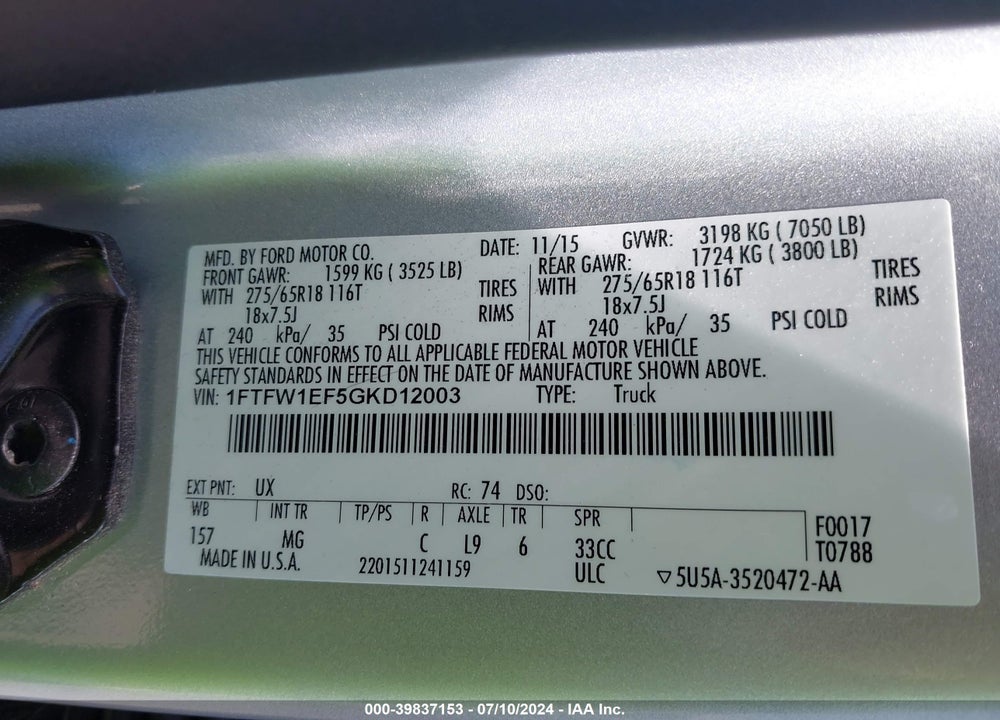 2016 FORD F-150 XLT VIN: 1FTFW1EF5GKD12003