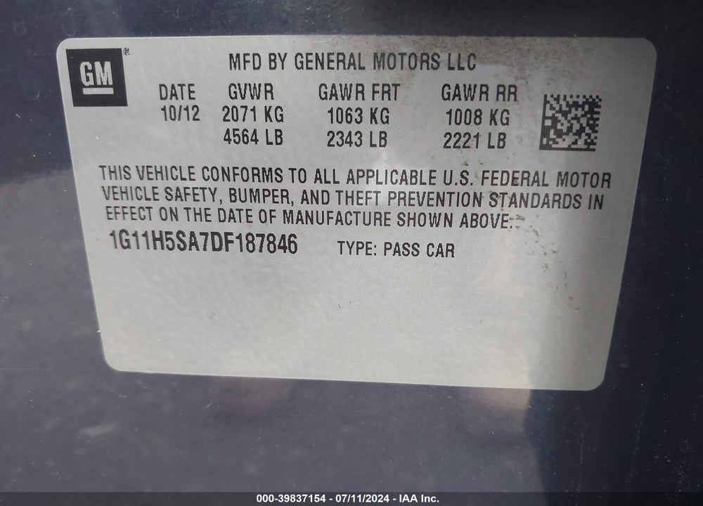 2013 CHEVROLET MALIBU 1LZ VIN: 1G11H5SA7DF187846