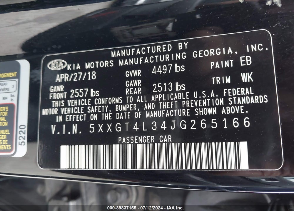 2018 KIA OPTIMA LX VIN: 5XXGT4L34JG265166