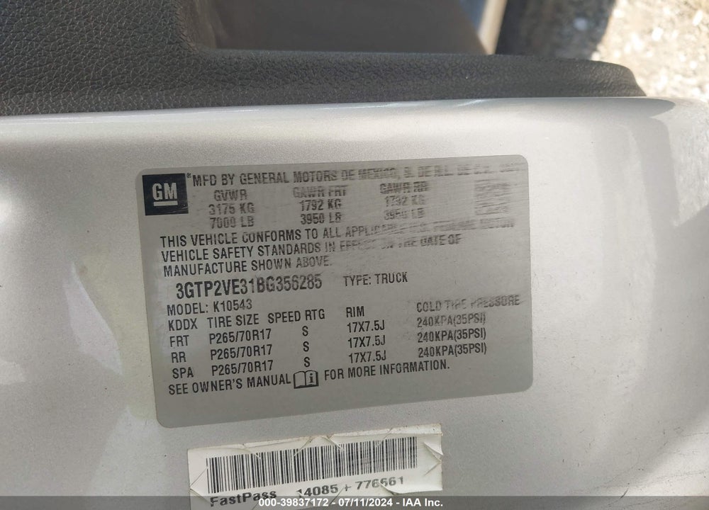 2011 GMC SIERRA 1500 SLE VIN: 3GTP2VE31BG356285