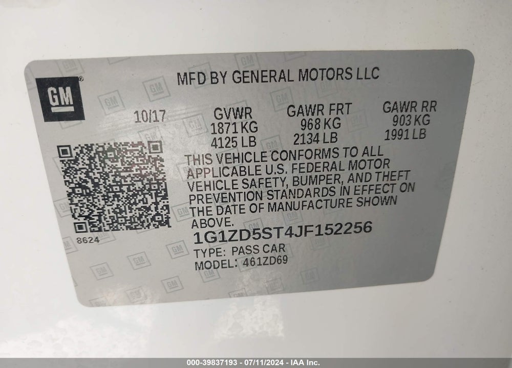 2018 CHEVROLET MALIBU LT VIN: 1G1ZD5ST4JF152256